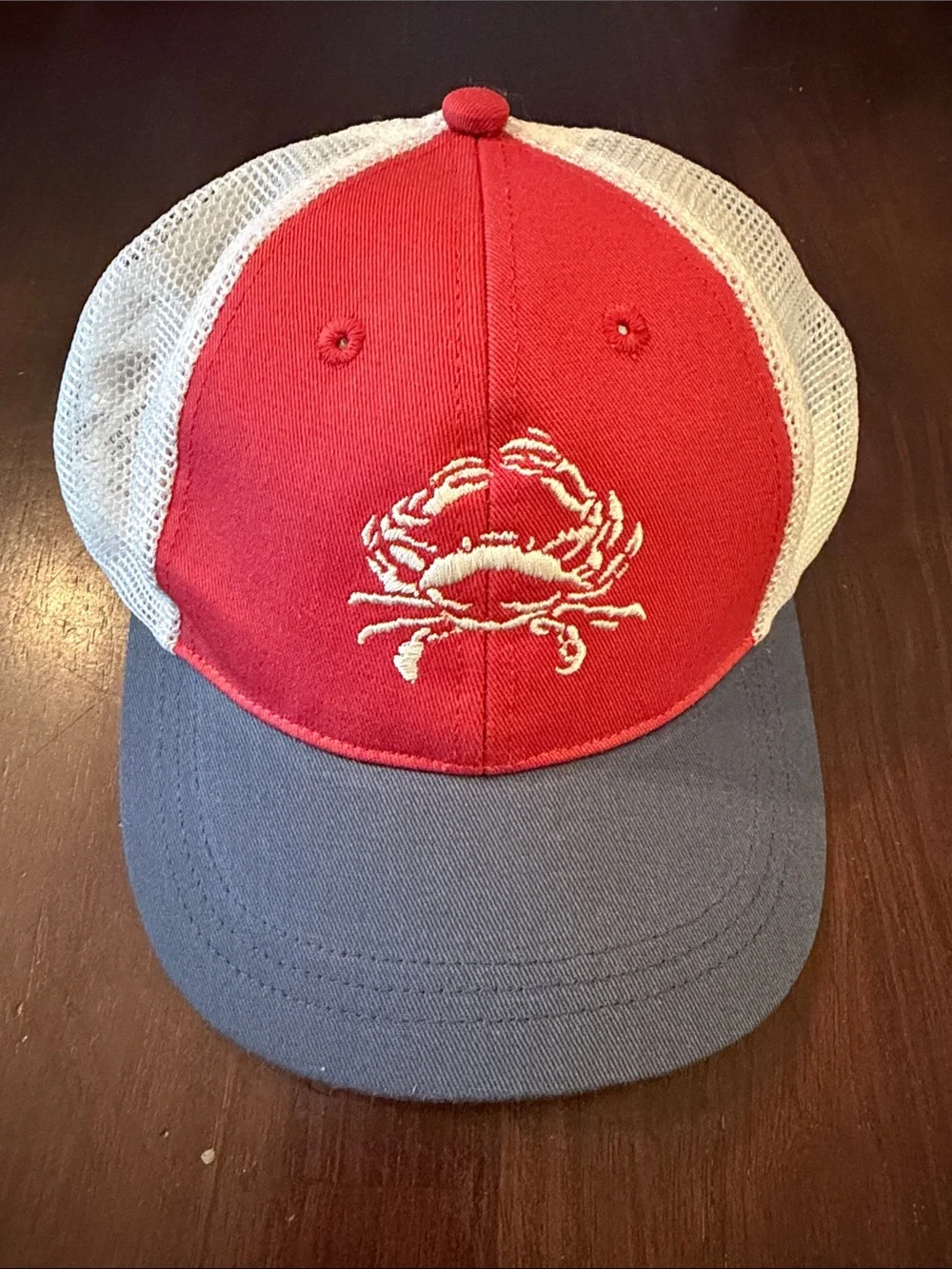 J Crew Kids Red & Blue Trucker Hat with Crab Embroidery